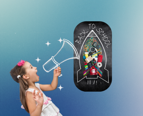 Confident child with a megaphone and back to school rocket drawing on a blackboard at School Beyond Limitations