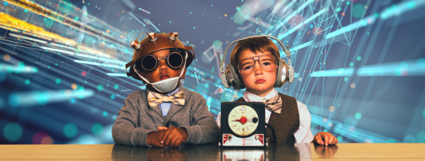 Two children dressed as inventors exploring technology and learning together, symbolising balanced digital engagement and creativity